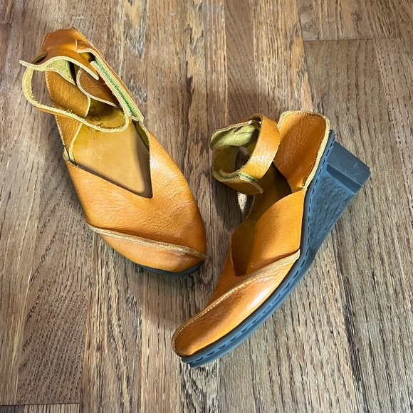 trippen Shoes - Trippen Cognac Leather Ankle Strap Wedge Heels